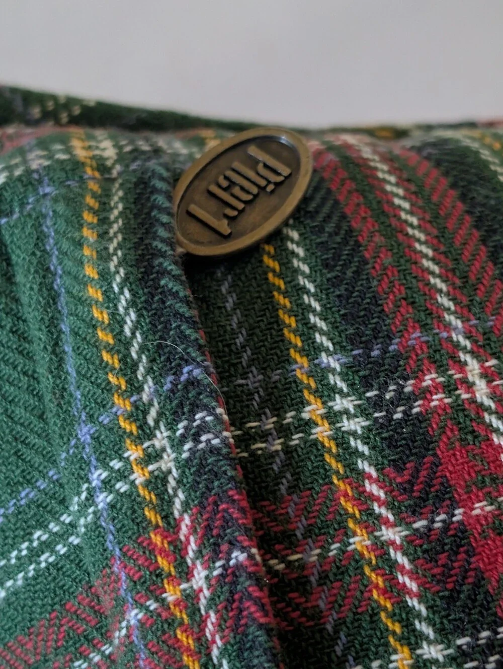 Vintage Pier 1 Beaded and Jingle Bells Plaid JOY Christmas Pillow Holiday Bow